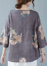 Style Grey V Neck Print Blouses Half Sleeve