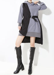 Style Grey low high design tie waist Hooded Patchwork Dresses Spring