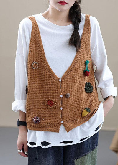 Style Khaki Embroideried Floral Fall Shirt Knit Vest Sleeveless - SooLinen