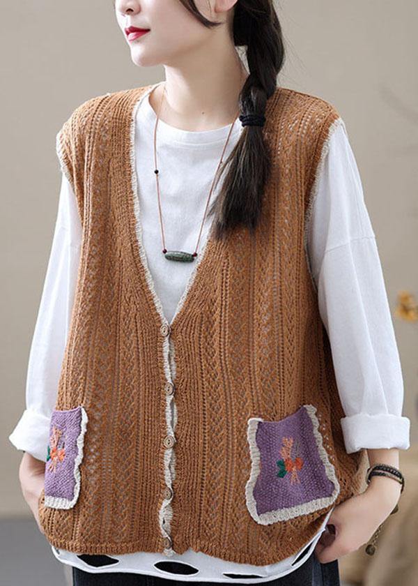 Style Khaki Embroideried Pockets Floral Fall Shirt Knit Vest Sleeveless - SooLinen