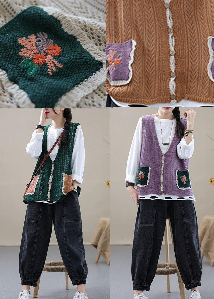 Style Khaki Embroideried Pockets Floral Fall Shirt Knit Vest Sleeveless - SooLinen