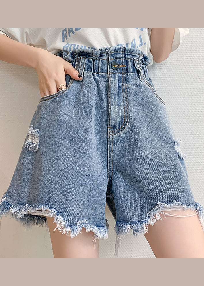 Style Light Blue Elastic Waist Pockets Cotton Ripped Hot Pants Summer