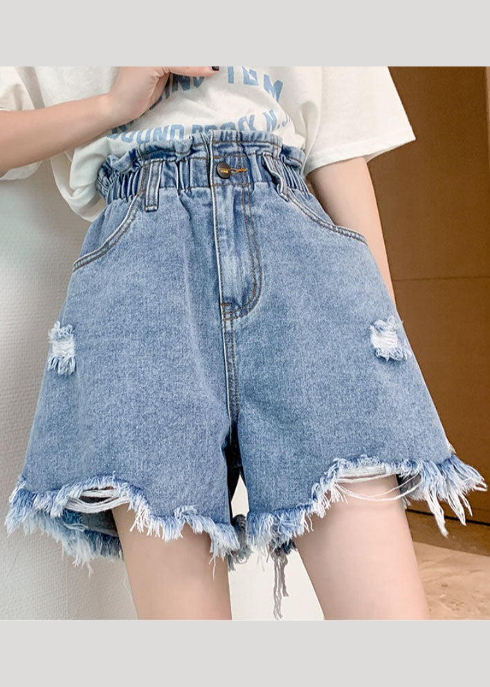 Style Light Blue Elastic Waist Pockets Cotton Ripped Hot Pants Summer