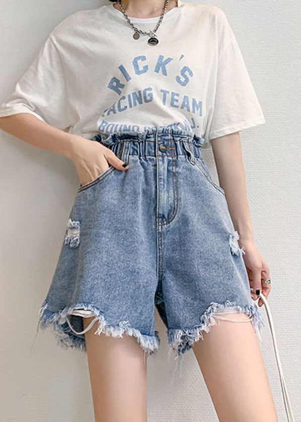 Style Light Blue Elastic Waist Pockets Cotton Ripped Hot Pants Summer