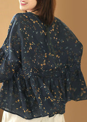 Style Navy O-Neck Wrinkled Print Linen Loose Shirt Tops Batwing Sleeve