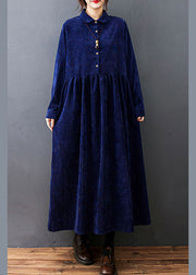 Style Navy Peter Pan Collar Button Corduroy Long Dress Spring