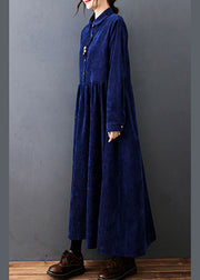 Style Navy Peter Pan Collar Button Corduroy Long Dress Spring