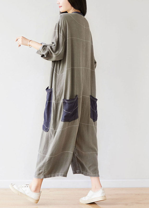 Style O-Neck Grey Pockets Patchwork Jumpsuits Spring