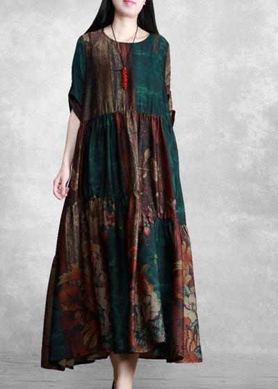 Luxy Green Print Silk Summer Dresses Loose Caftan - SooLinen