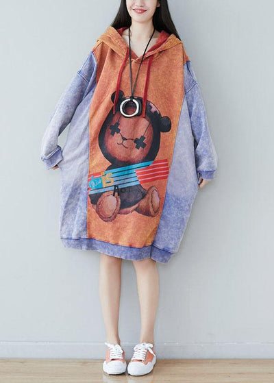 Style Orange Hooded Print Drawstring Fall Sweatshirts Dress - SooLinen