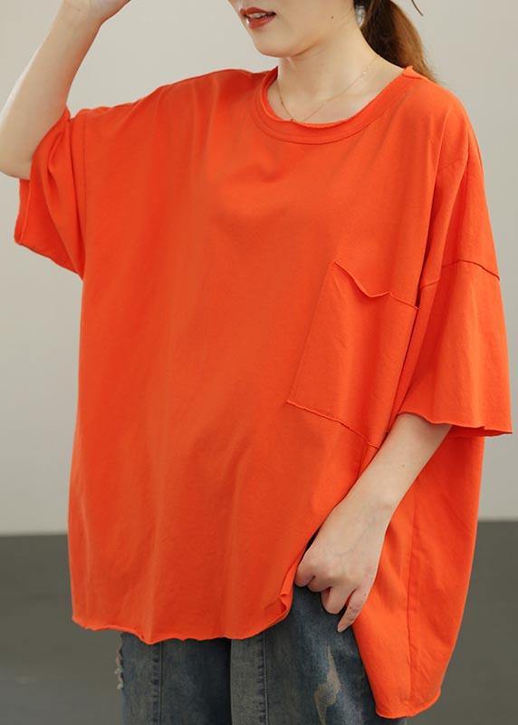 Style Orange O-Neck Pockets Cotton Tops Summer - SooLinen