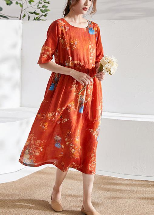 Style Orange Print O-Neck tie Waist Summer Ramie Party Dress Half Sleeve - SooLinen