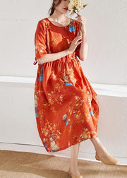 Style Orange Print O-Neck tie Waist Summer Ramie Party Dress Half Sleeve - SooLinen