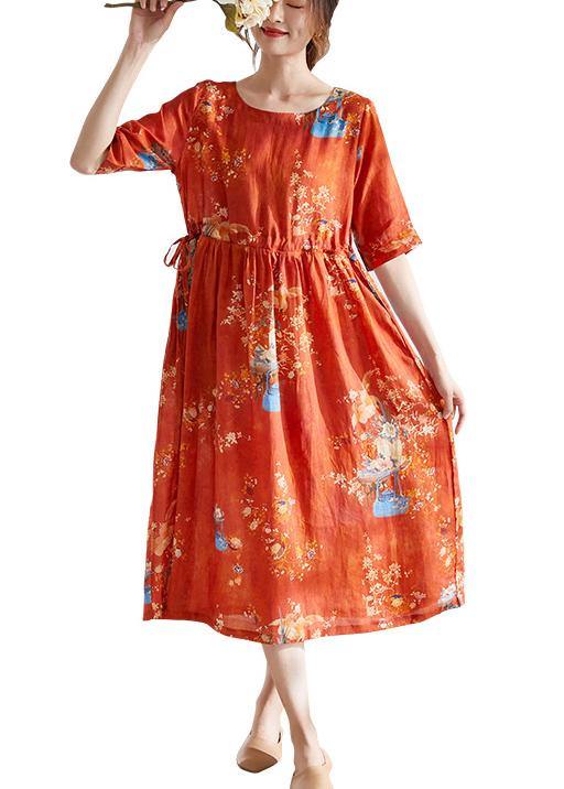 Style Orange Print O-Neck tie Waist Summer Ramie Party Dress Half Sleeve - SooLinen