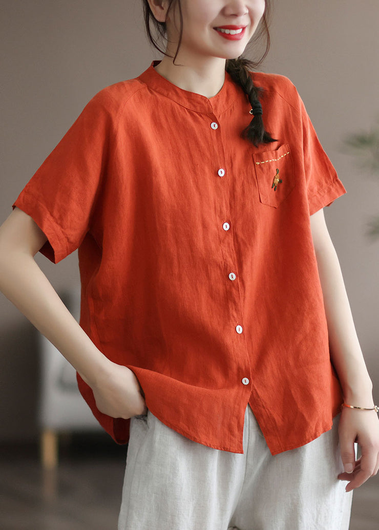 Style Orange Stand Collar Pocket Linen Blouse Tops Short Sleeve