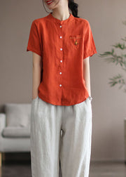 Style Orange Stand Collar Pocket Linen Blouse Tops Short Sleeve