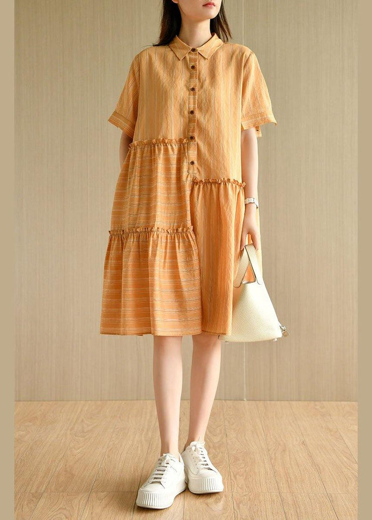 Style Orange Striped Button Asymmetrical Design Ruffled Summer Vacation Dress - SooLinen