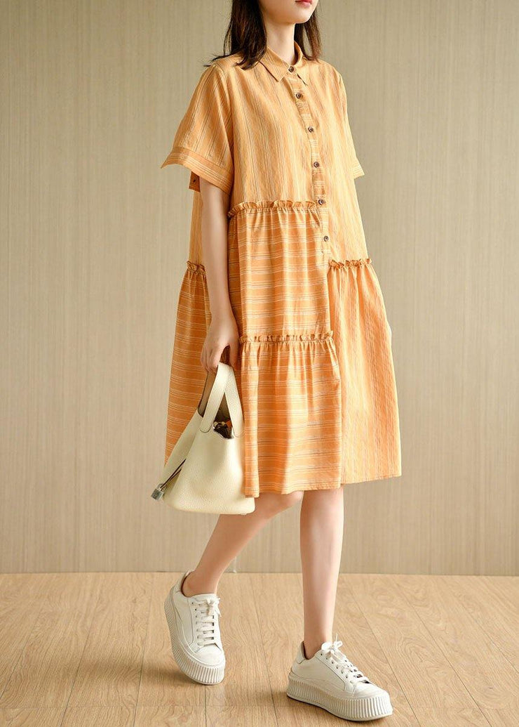 Style Orange Striped Button Asymmetrical Design Ruffled Summer Vacation Dress - SooLinen