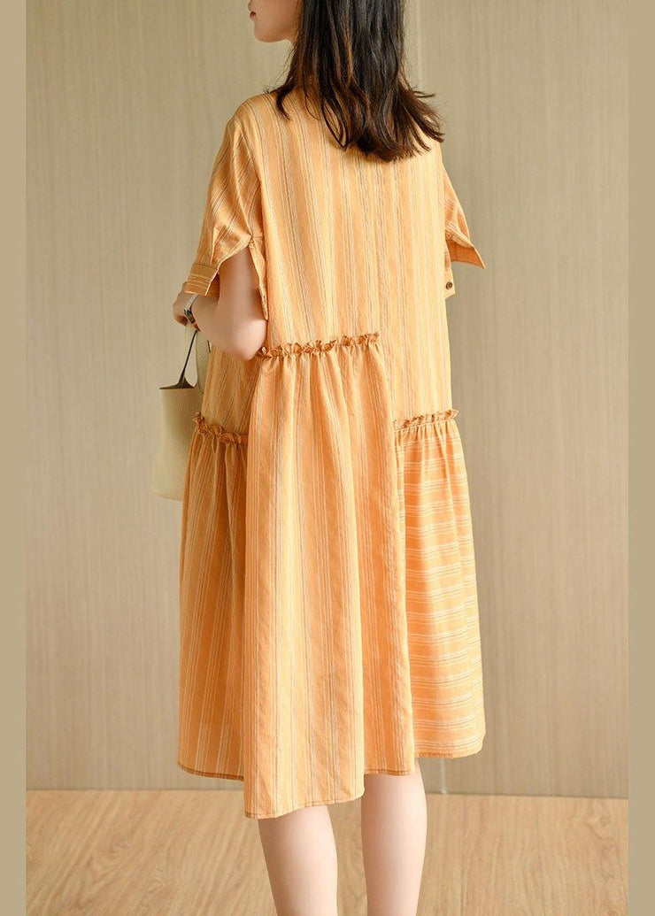 Style Orange Striped Button Asymmetrical Design Ruffled Summer Vacation Dress - SooLinen