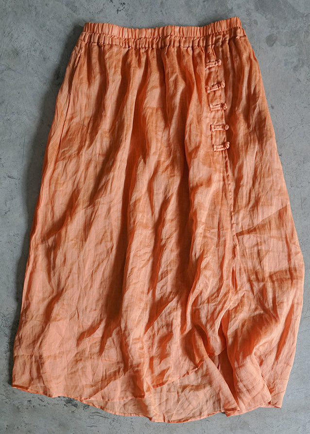 Style Orange elastic waist button Asymmetrical Linen Skirts Spring