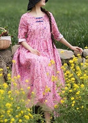 Style Pink Print Dresses O Neck Chinese Button Traveling Spring Dresses - SooLinen