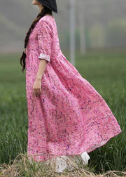 Style Pink Print Dresses O Neck Chinese Button Traveling Spring Dresses - SooLinen