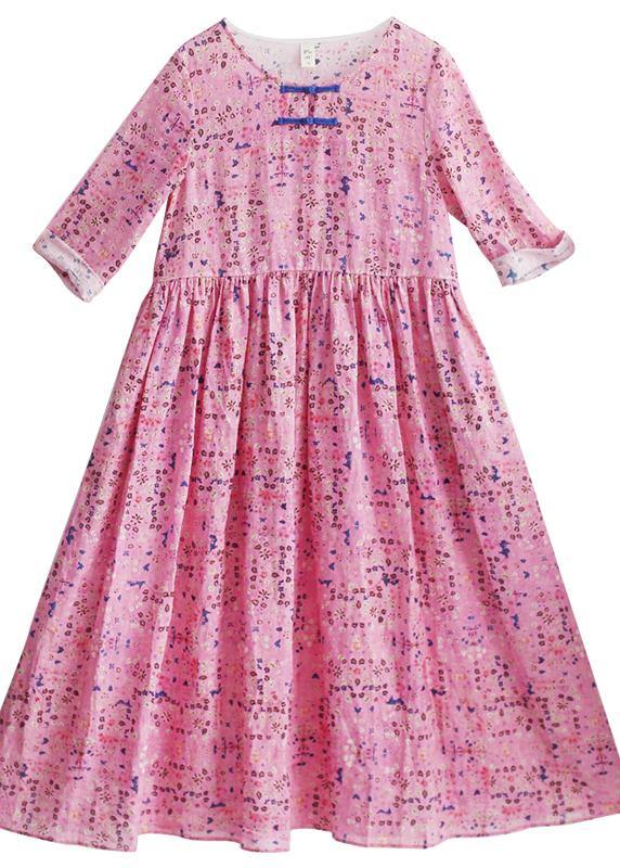 Style Pink Print Dresses O Neck Chinese Button Traveling Spring Dresses - SooLinen