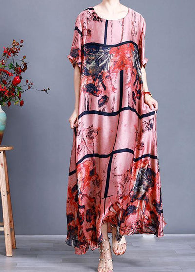 Luxy Pink Silk Maxi Dress Plus Szie Print Summer Dress - SooLinen