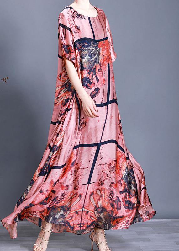 Luxy Pink Silk Maxi Dress Plus Szie Print Summer Dress - SooLinen