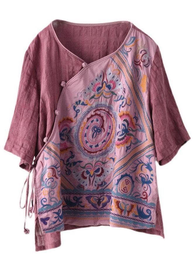 Style Pink Print Side Open tie Summer Linen Blouses Half Sleeve - SooLinen