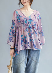 Style Purple V Neck Patchwork Print Fall Tops Three Quarter Sleeve