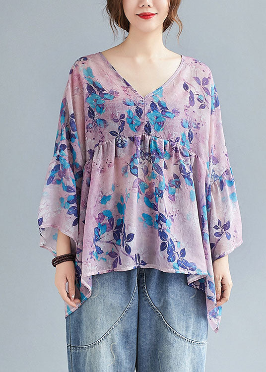 Style Purple V Neck Patchwork Print Fall Tops Three Quarter Sleeve