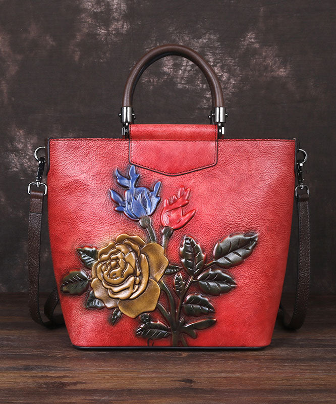 Style Red Floral Paitings Calf Leather Tote Handbag