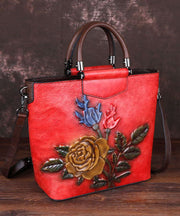 Style Red Floral Paitings Tote Handtasche aus Kalbsleder