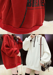 Style Red Hooded Graphic Warm Fleece Pullover Street Wear Winter