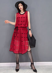 Style Red O-Neck Side Open Plaid Chiffon Long Dress Sleeveless