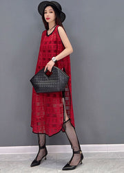 Style Red O-Neck Side Open Plaid Chiffon Langes Kleid Ärmellos