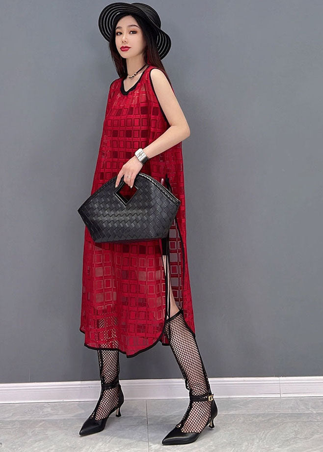 Style Red O-Neck Side Open Plaid Chiffon Langes Kleid Ärmellos