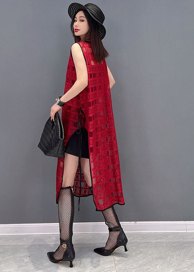 Style Red O-Neck Side Open Plaid Chiffon Langes Kleid Ärmellos