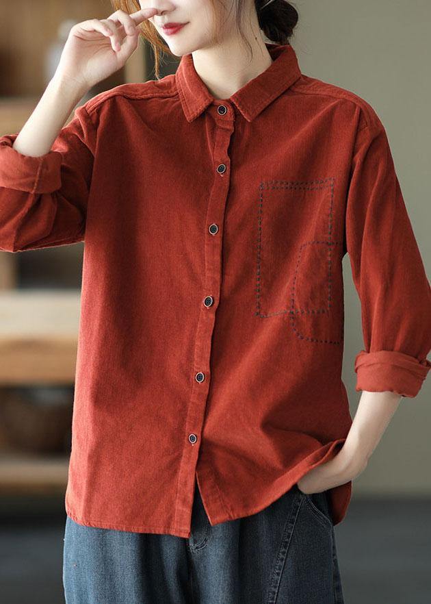 Style Red Retro Peter Pan Collar Button Fall Corduroy Long Sleeve Tops - SooLinen