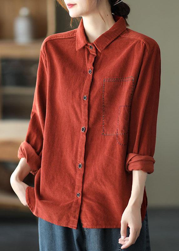 Style Red Retro Peter Pan Collar Button Fall Corduroy Long Sleeve Tops - SooLinen