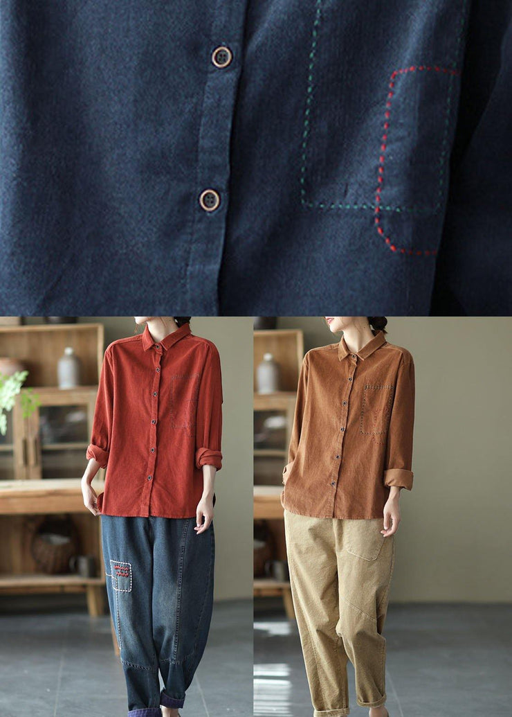 Style Red Retro Peter Pan Collar Button Fall Corduroy Long Sleeve Tops - SooLinen