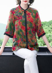 Style Red Stand Collar Patchwork Floral Print Silk Blouses Half Sleeve