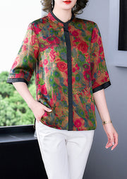 Style Red Stand Collar Patchwork Floral Print Silk Blouses Half Sleeve