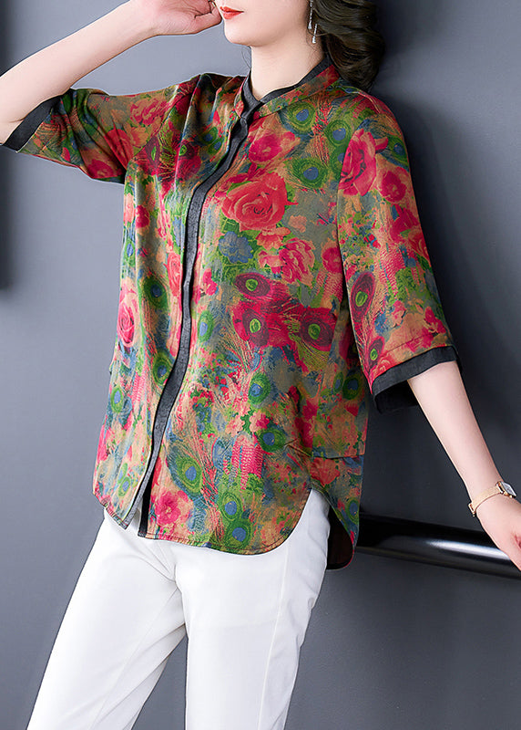 Style Red Stand Collar Patchwork Floral Print Silk Blouses Half Sleeve