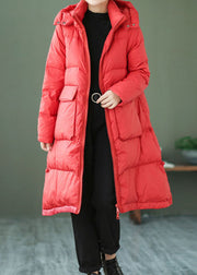 Style Red Zip Up Pockets Duck Down Down Coat Winter