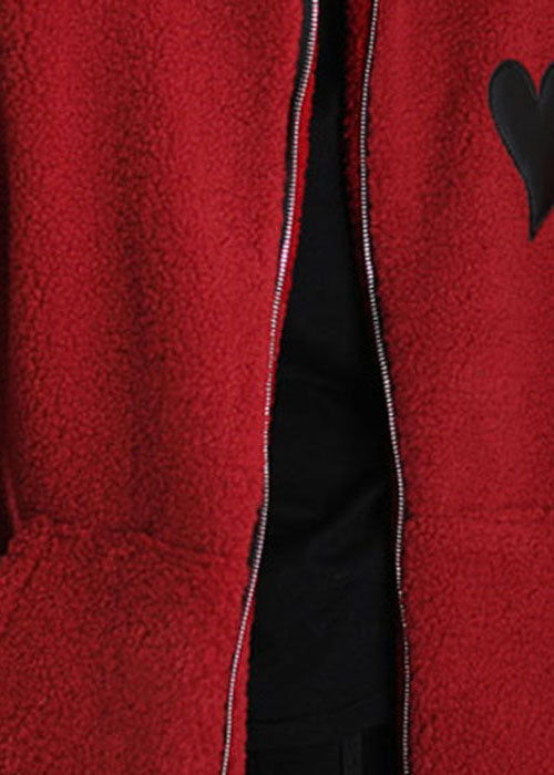 Style Red Zip Up Pockets Faux Fur Winter Coat