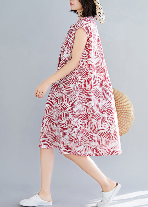 Style Sleeveless Cotton clothes Boho Sewing red print daily Dresses summer