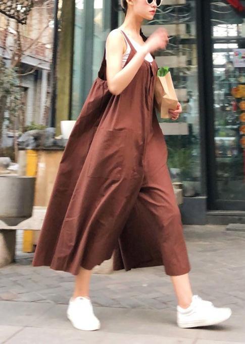 Style Spaghetti Strap jumpsuit pants cotton linen quilting clothes Fabrics chocolate pants - SooLinen