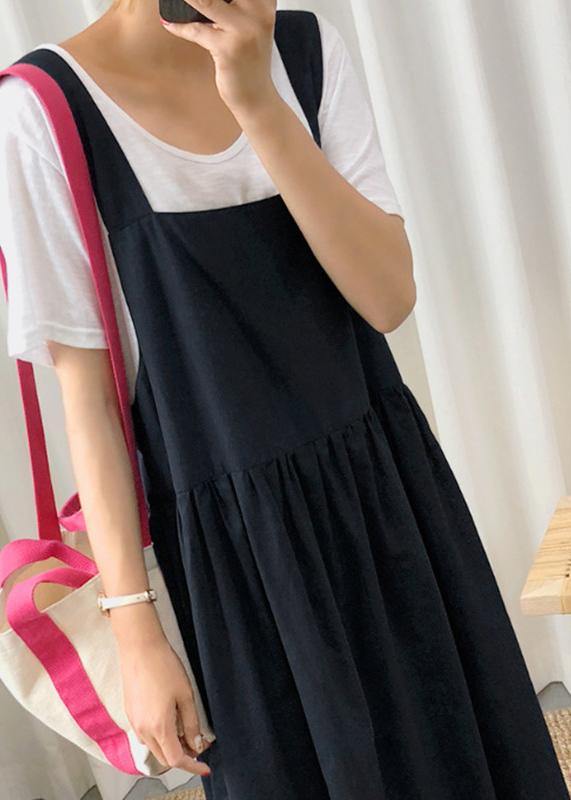 Style Spaghetti Strap Cinched linen cotton clothes For Women Sewing black Dress - SooLinen